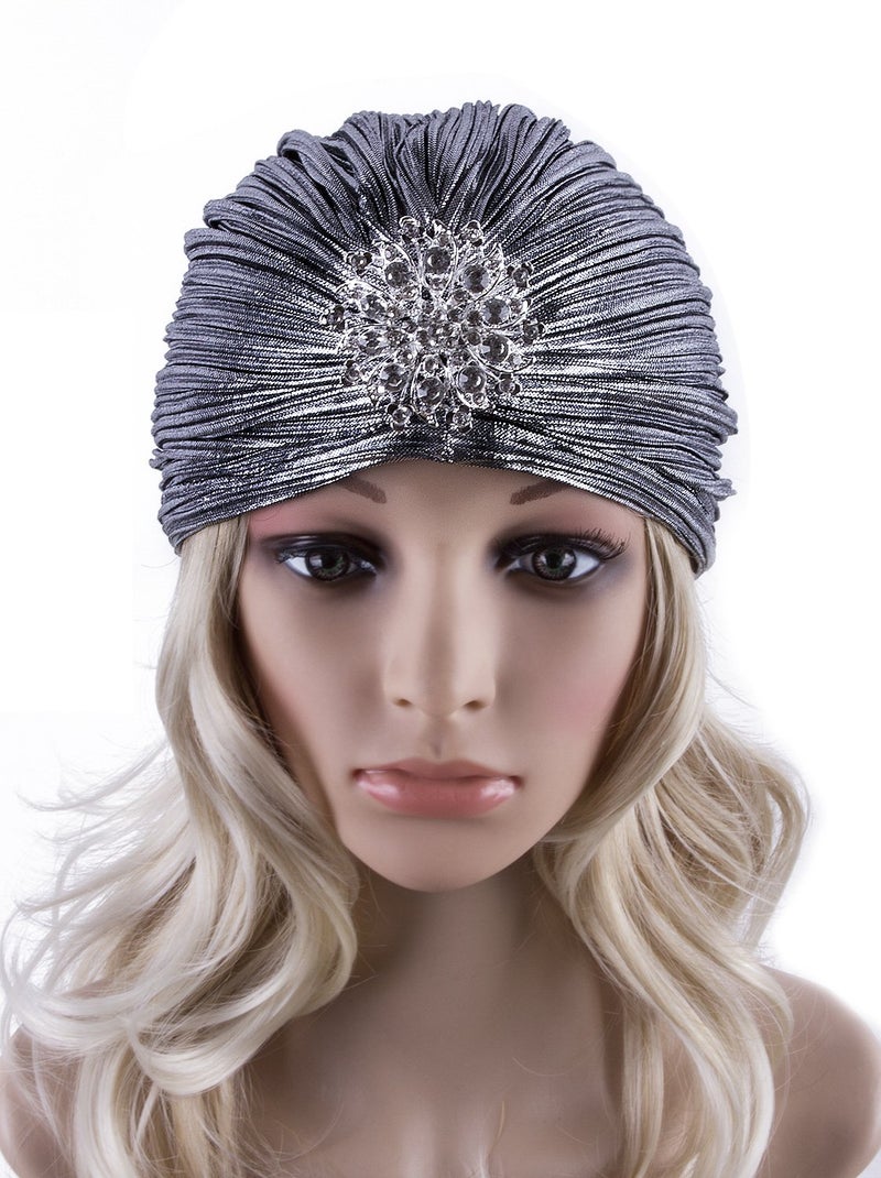 Vijiv Women's Vintage Lurex Knit Turban Beanie Hats Headwraps for 1920s Cocktail Party Silver Grey - Image 3